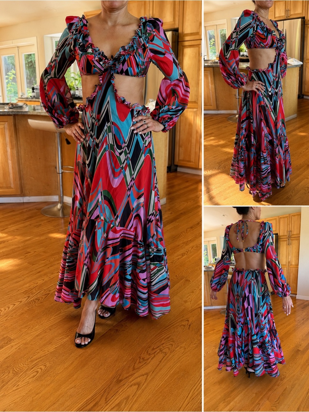 PatBO Multicolor Swirl Long Sleeve Maxi Dress - Red, Pink, Turquoise, Black